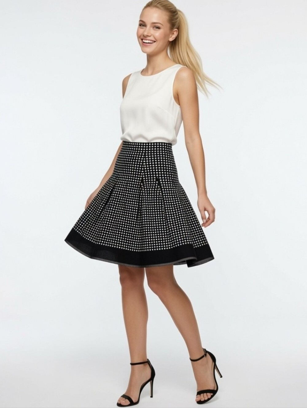 Essentials Sioni Black and White Polka Dot Skater Knitted Skirt (Size: Small)